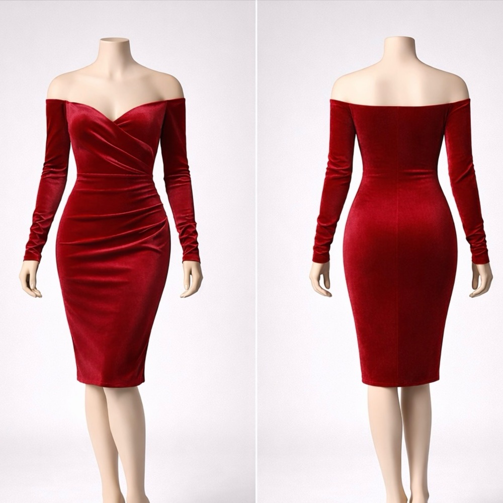 Off-Shoulder Red Velvet Bodycon Dress